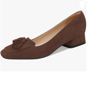 YDN Brown Block Low Heel Loafer Square Toe Tassel Fringe Pump Slip On Dress Shoe
